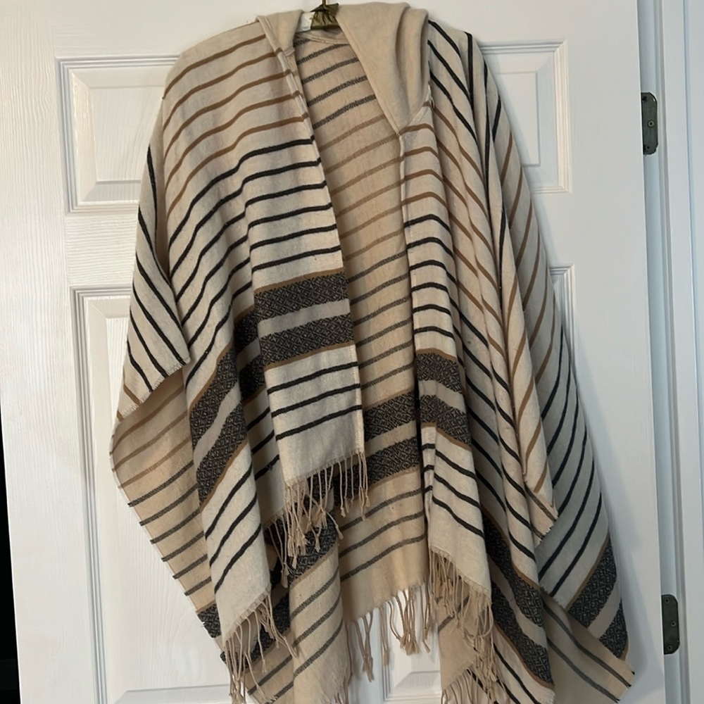 Striped Cream poncho with hood